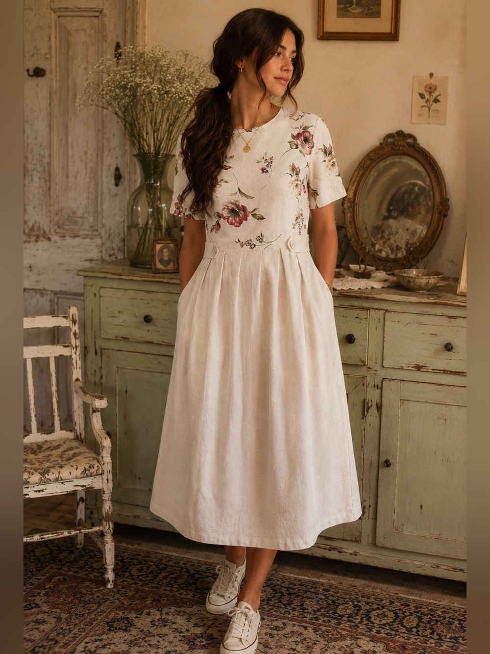 Miss Dorby Petites Vintage Floral Midi Dress Cottagecore Prairie Tea Dress Cream